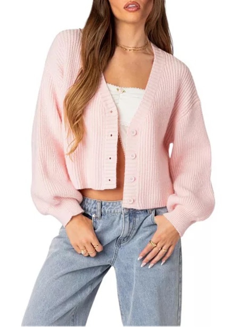 EDIKTED Sabrina chunky knit cropped cardigan sweater pink size S